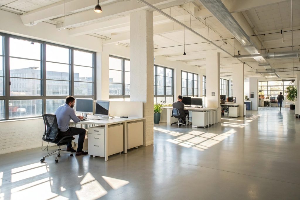 Open-plan office with epoxy flooring Brisbane commercial installation