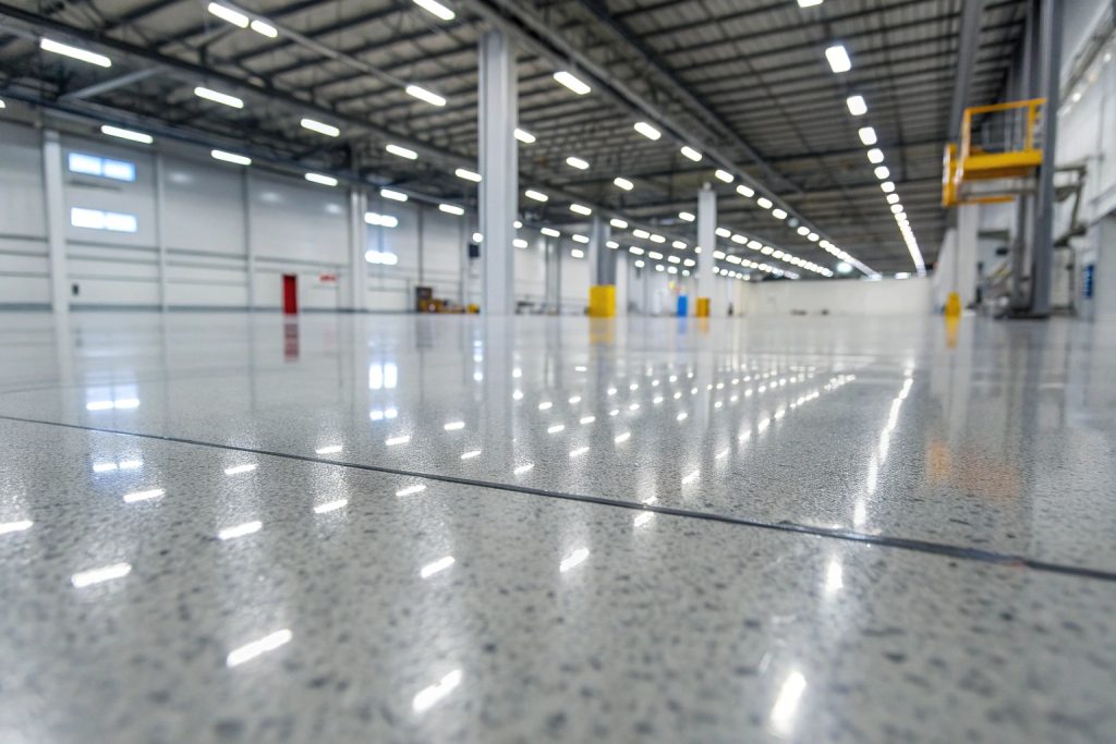 High-gloss warehouse epoxy floor showing durability and professional finish