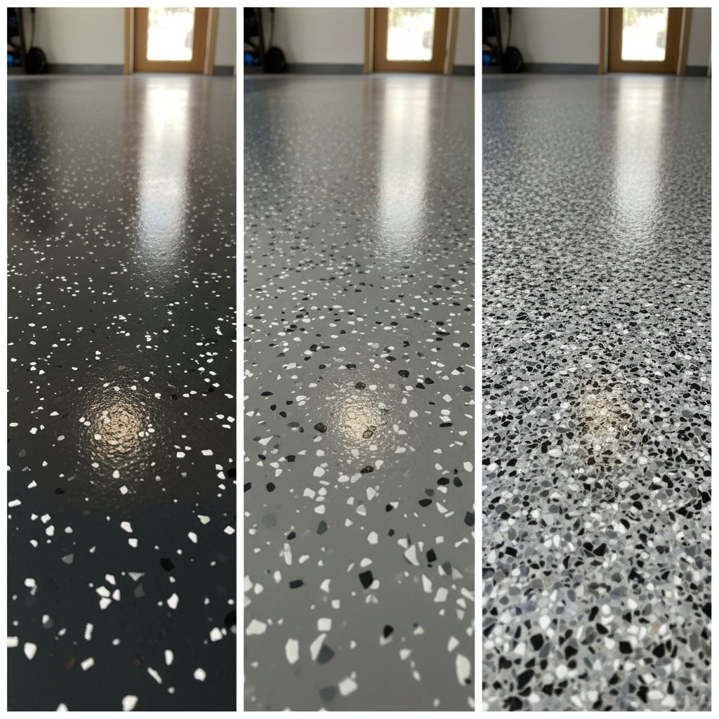 Full broadcast vs partial flake epoxy coverage comparison light medium full Brisbane